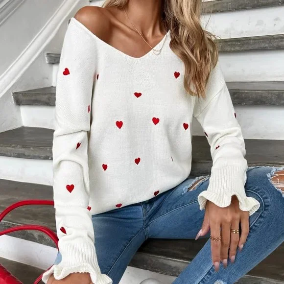 Valentine's Day Heart Print v-neck Sweater - Picture 4 of 5